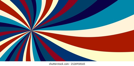 4th of July background, striped retro red white and blue sunburst pattern, veterans day or memorial day background, old groovy hippie 60s design 