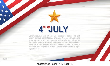 4th of July - Background for USA(United States of America) Independence Day with white wood pattern and texture and American flag. Background with area for copy space and text. Vector illustration.