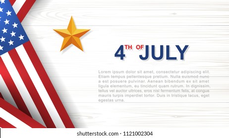 4th of July - Background for USA(United States of America) Independence Day with white wood pattern and texture and American flag. Background with area for copy space and text. Vector illustration.