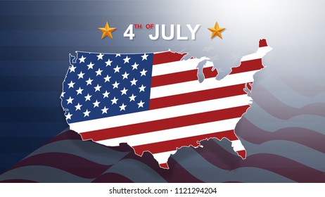 4th of July background for USA(United States of America) Independence Day with USA map and american flag pattern. Vector illustration.