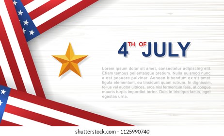 4th of July - Background for USA(United States of America) Independence Day with white wood pattern and texture and American flag. Background with area for copy space and text. Vector illustration.