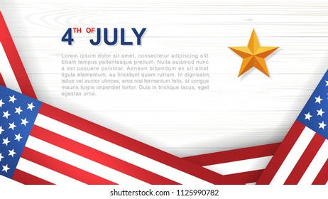 4th of July - Background for USA(United States of America) Independence Day with white wood pattern and texture and American flag. Background with area for copy space and text. Vector illustration.