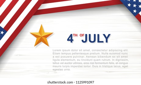 4th of July - Background for USA(United States of America) Independence Day with white wood pattern and texture and American flag. Background with area for copy space and text. Vector illustration.