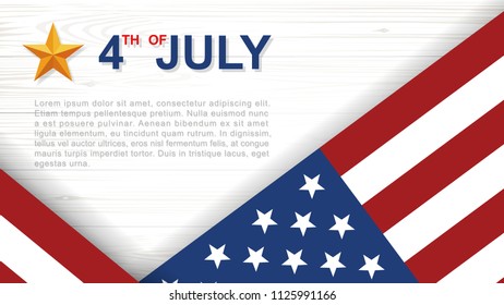 4th of July - Background for USA(United States of America) Independence Day with white wood pattern and texture and American flag. Background with area for copy space and text. Vector illustration.