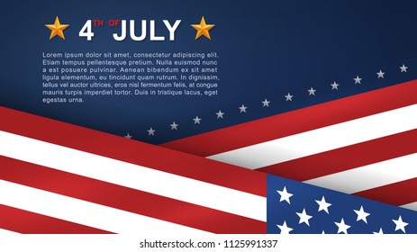 4th of July background for USA(United States of America) Independence Day with blue background and American flag. Vector illustration.