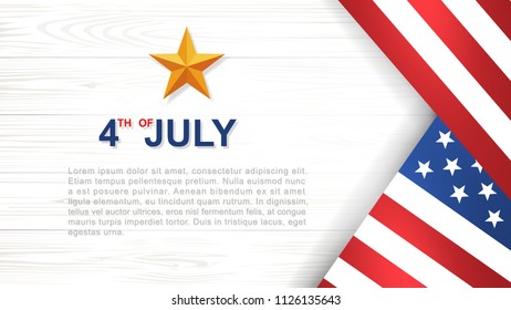 4th of July - Background for USA(United States of America) Independence Day with white wood pattern and texture and American flag. Background with area for copy space and text. Vector illustration.