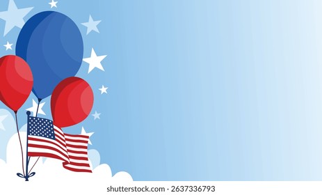 4th of July with Balloons, Flags and Stars in Blue Sky
