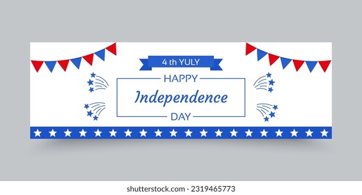 4th july banner. American Happy independence flayer. USA patriotic background with stars and blue red triangle flags. Vector illustration. Template design of festive greeting card, poster, invitation.