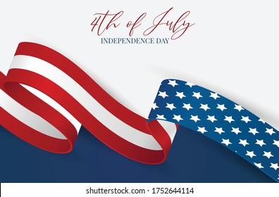 Fondo de banner del 4 de julio. Ondeando la cinta de la bandera nacional de los Estados Unidos de América. Celebración del Día de la Independencia de Estados Unidos. Ilustración vectorial realista.