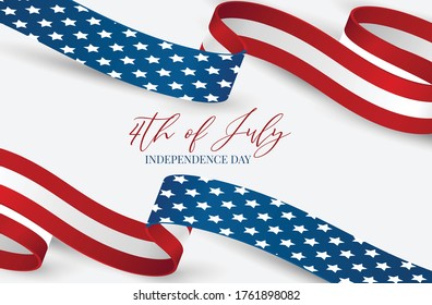 Fondo de banner del 4 de julio. Ondeando la cinta de la bandera nacional de los Estados Unidos de América. Celebración del Día de la Independencia de Estados Unidos. Ilustración vectorial realista.