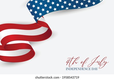 4th of July banner background. Waving USA national flag ribbon. Realistic vector illustration.