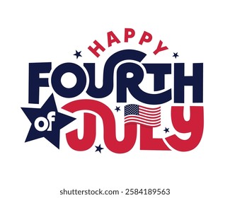 4th of July banner design with bold text, stars and American flag isolated on white background. Fourth of July USA Independence Day celebration greeting card, poster, flyer, template, sticker, stamp