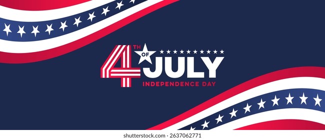 4th of July Banner Design with Stars and Stripes American Flag Background. 4th of July Independence Day Typography on Dark Blue Background with USA Flag Decoration Backdrop. Vector Illustration.