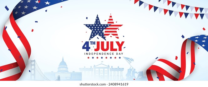 4th of July, banner, flyer, background, template, with the greeting,  flag waving ribbon, bunting decoration, and American famous landmarks in the background.