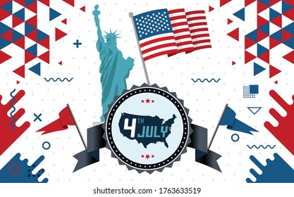 4th of July banner for national independence day of america or USA. Red Blue abstract retro design with statue of liberty & american flag.