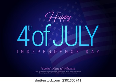 4th of July banner with neon blue gradient color typography on dark American flag background, vector template for flyer, greeting card, poster.