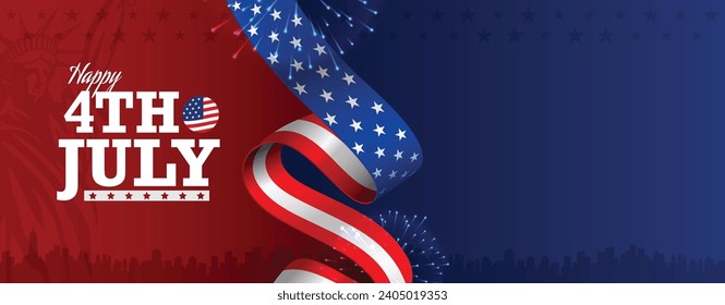 4th of July banner poster background template design with empty, blank, copy space for text offer with USA flag ribbon on red blue color background. Vector illustration.