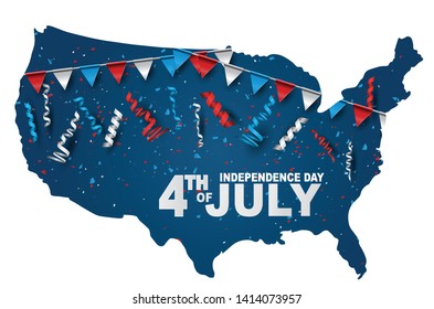 4th of July banner in a shape of the United States map territory. USA Independence day celebration backdrop. Vector illustration.