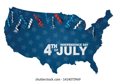 4th of July banner in a shape of the United States map territory. USA Independence day celebration backdrop. Vector illustration.