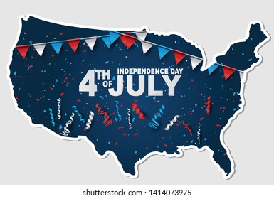 4th of July banner in a shape of the United States map territory. USA Independence day celebration backdrop. Vector illustration.