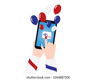 4th Of July Banner With Smartphon And Balloons