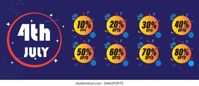 4th July banner template design. Vector illustration. Big sale banner with abstract shapes. Up to 30% 40% 50% 60% 70% 80%Off with blue theme. Different discount sticker tags. Discount price tag set. 