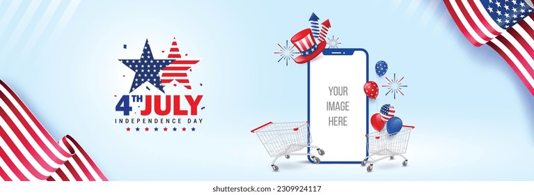 4th of July banner template with waving American flag, greetings, shopping cart, balloon, and more, mobile copy space for place text or picture template sale banner. Vector illustration.