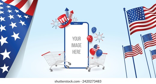 4th of July banner template with waving American flag, greetings, shopping cart, balloon, and more, mobile copy space for place text or picture template sale banner. Vector illustration.
