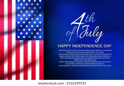 4th of July Banner with USA flag on bright vibrant gradient blue background