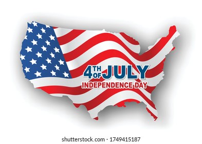 4th of July banner. USA independence day design concept. Unites States of America country shape and the national flag. Vector illustration.