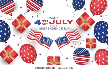4th of July banner. USA Independence Day celebration with American balloons and flag
