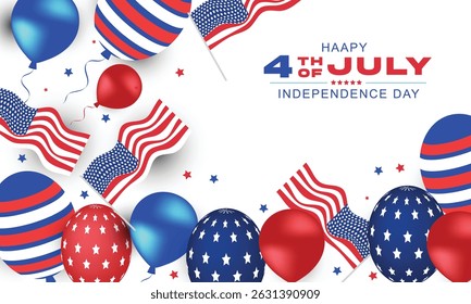 4th of July banner. USA Independence Day celebration with American balloons and flag