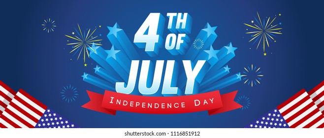 4th of July Banner Vector illustration. Fireworks celebrations with USA flag frame on blue background.