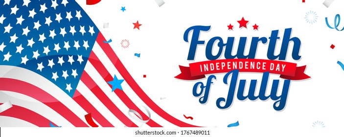 4th of July Banner Vector illustration. USA flag waving with ribbon confetti on white background