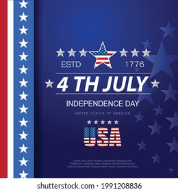4th of July banner Vector illustration. Independence Day, US flag with 4th of July on blue background.