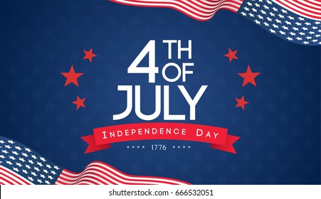 4th of July banner Vector illustration. Independence Day, US flag waving with 4th of July and stars on blue background.