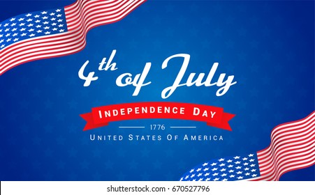4th of July banner Vector illustration. Independence Day, US flag waving with 4th of July on bright blue background.