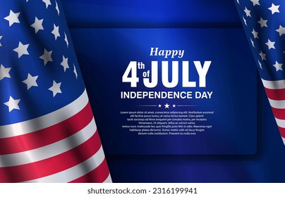 4th of July Banner with waving USA flag on vibrant gradient blue background