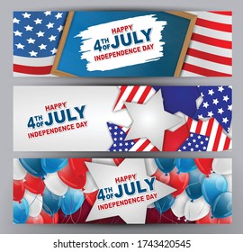 4th of July banners or headers. USA national flag, stars and stripes. Red, blue, and white balloons. Independence Day holiday.