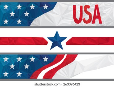 4th of July banners in low poly style. USA Independence day celebration banners with national flag and geometric triangle background.