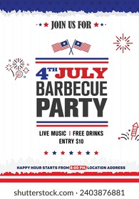 4th of July barbecue invitation A4 flyer with sample information, grunge us flag, firework, wooden background, etc. Vector illustration.