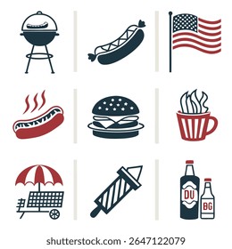 4th of July BBQ Icons - Minimalist Patriotic Food Vector Set