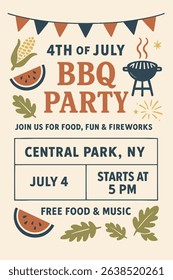 4th of July BBQ party flyer poster template with grill, watermelon, corn and leaves. Perfect for Independence Day events, food festivals, summer cookouts and social media posts