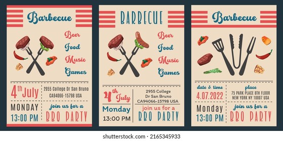 4th July Bbq Party. Set Of BBQ Invitation Template. Summer Barbecue Picnic. Bbq Background With Grill, Steaks, Meat Food, Grilled Vegetables, Elements For Congratulation. Vector Cartoon Illustration 
