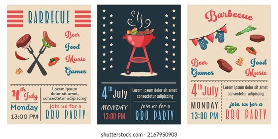4th July Bbq Party. Set Of BBQ Invitation. Summer Barbecue Picnic. Bbq Background With Grill, Steaks, Meat Food, Vegetables, National Elements For Congratulation. Vector Cartoon Illustration 