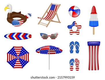 4th of july beach party elements. set of isolated summer elements with usa flag colors. american independence elements.