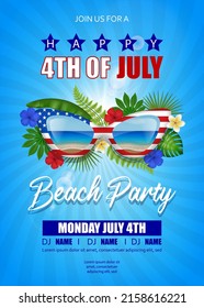 4th of july beach party poster with sunglasses and tropical leaves. american independence background