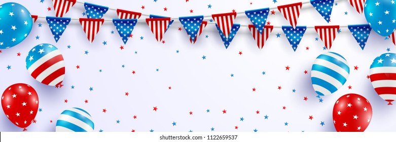 4th of July blackguards template.USA independence day celebration with balloons and garland of american triangle flag.USA 4th of July promotion advertising banner template for Brochures or Poster 