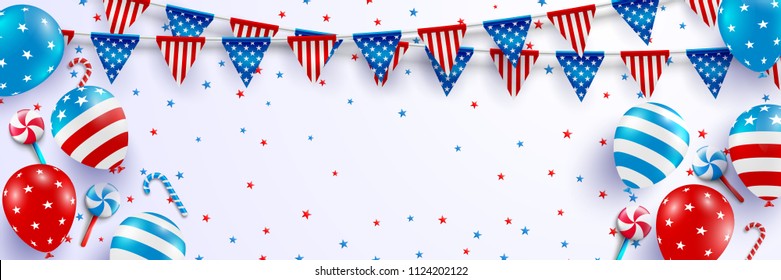 4th of July blackguards template.USA independence day celebration with balloons and garland of american triangle flag.USA 4th of July promotion advertising banner for Brochures or Poster. 