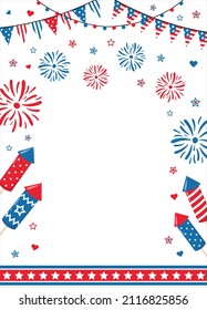 4th of July border frame with red, blue fireworks and sparks, isolated on white background. Design for American Independence Day party invitations or posters.